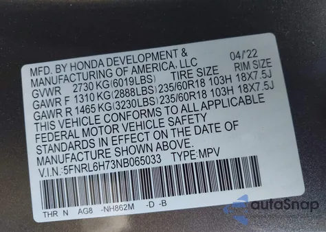 2022 Honda Odyssey Ex-L z USA, uszkodzony, nr VIN 5FNRL6H73NB065033